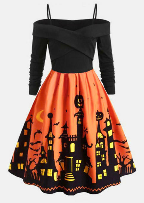 

Midi Dresses Halloween Pumpkin Face Zipper Midi Dress in Black. Size