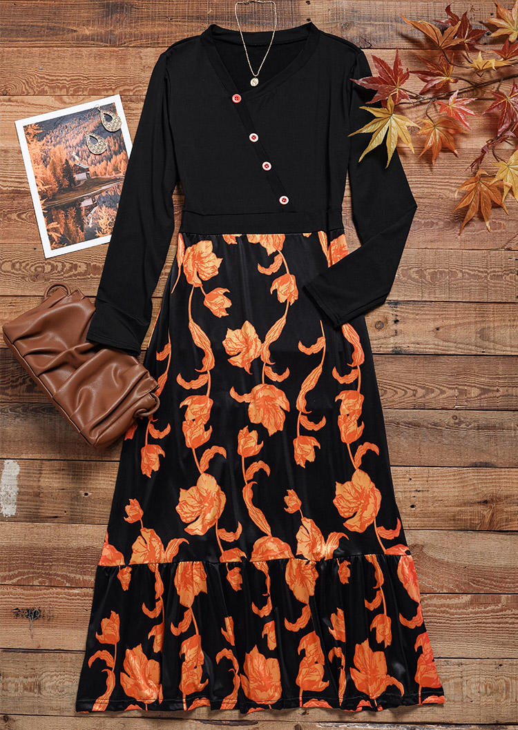 

Maxi Dresses Floral Button Ruffled Long Sleeve Maxi Dress in Black. Size: L,M