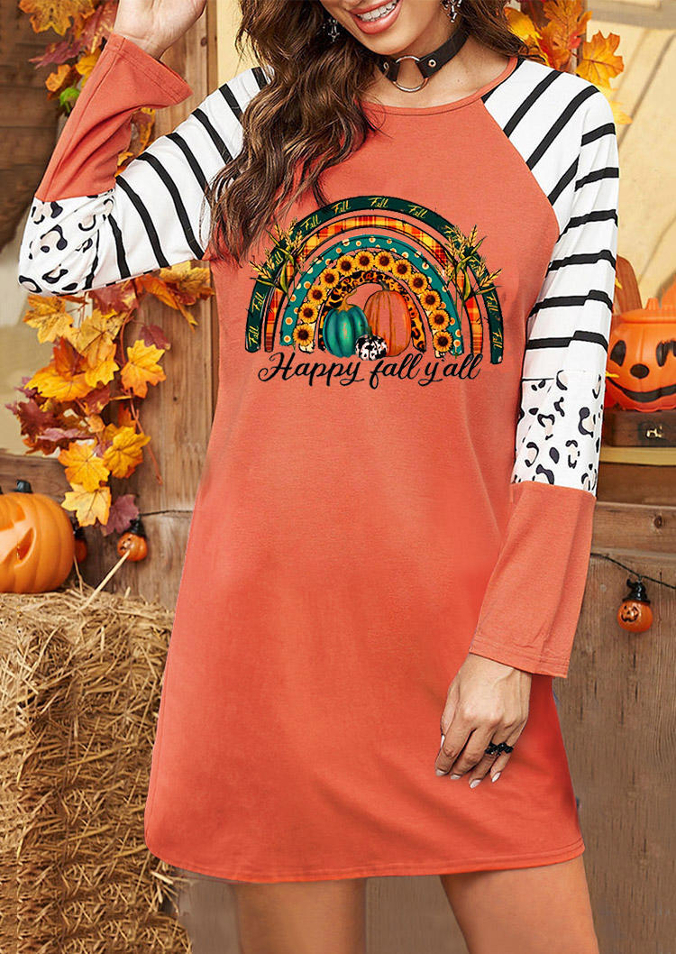 

Mini Dresses Happy Fall Y'all Sunflower Leopard Striped Pumpkin Mini Dress in Orange. Size: L,M,,XL