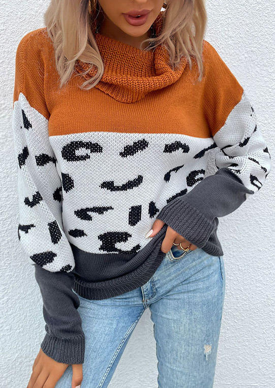 Sweaters Leopard Color Block Cowl Neck Sweater in Multicolor. Size: L