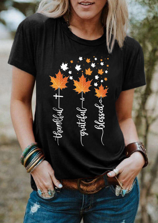 Thankful Grateful Blessed Maple Leaf T-Shirt Tee - Black