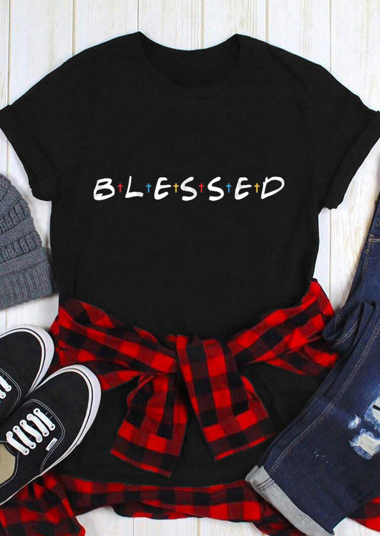 T-shirts Tees Thanksgiving Blessed Colorful Crosses T-Shirt Tee in Black. Size: L,M,S,XL