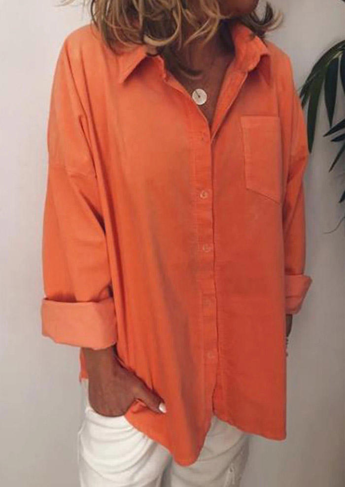 Shirts Pocket Button Long Sleeve Turn-down Collar Shirt in Orange. Size: L,M,S,XL