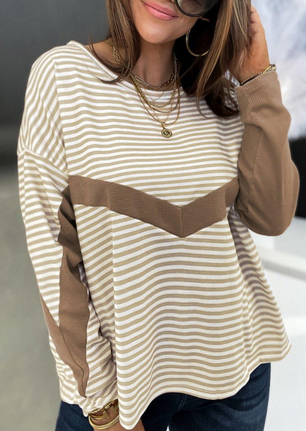 

Blouses Striped Long Sleeve O-Neck Blouse in Apricot. Size: L,,XL