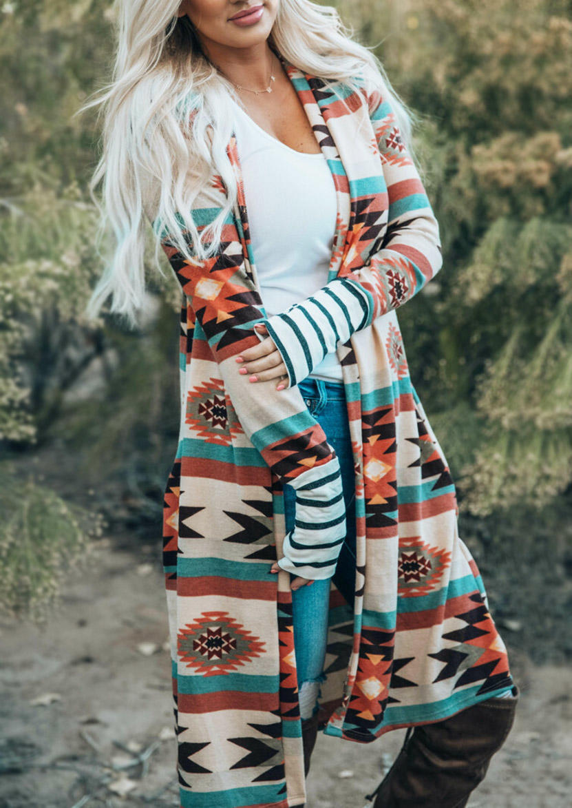 

Cardigans Aztec Geometric Striped Long Cardigan in Multicolor. Size
