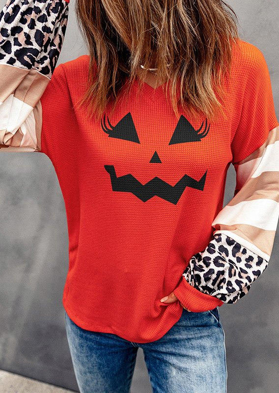 Blouses Halloween Leopard Striped Pumpkin Face Blouse in Orange. Size: L,M,S,XL