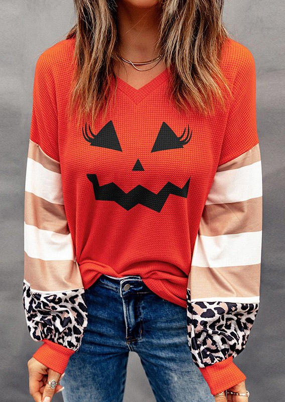 Halloween Leopard Striped Pumpkin Face Blouse - Orange