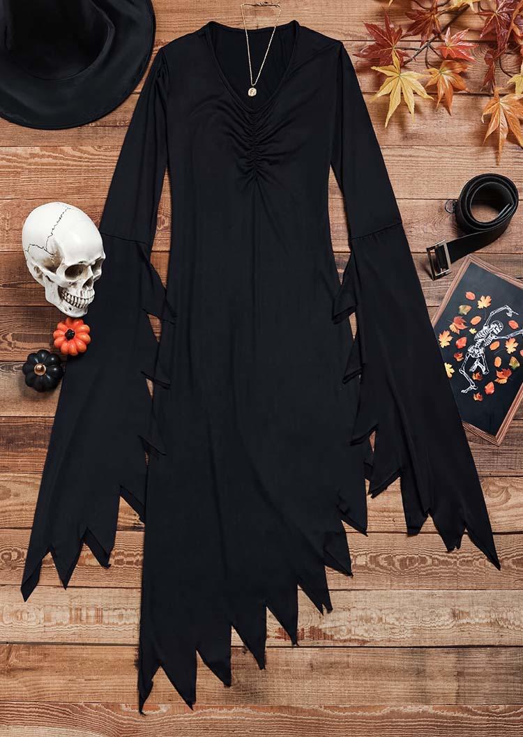 

Maxi Dresses Halloween Ruched Irregular Long Sleeve Maxi Dress With Belt And Hat in Black. Size: L