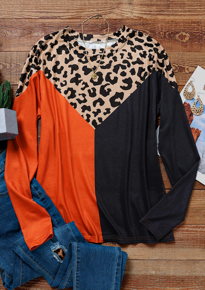 

Blouses Color Block Leopard O-Neck Blouse in Multicolor. Size: L,,XL