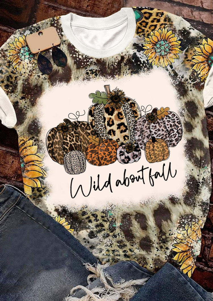 T-shirts Tees Wild About Fall Leopard Pumpkin Sunflower Bleached T-Shirt Tee in Multicolor. Size: S,XL