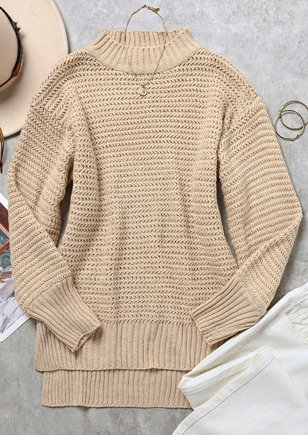 

Sweaters Slit Hem Knitted Long Sleeve Sweater in Khaki. Size