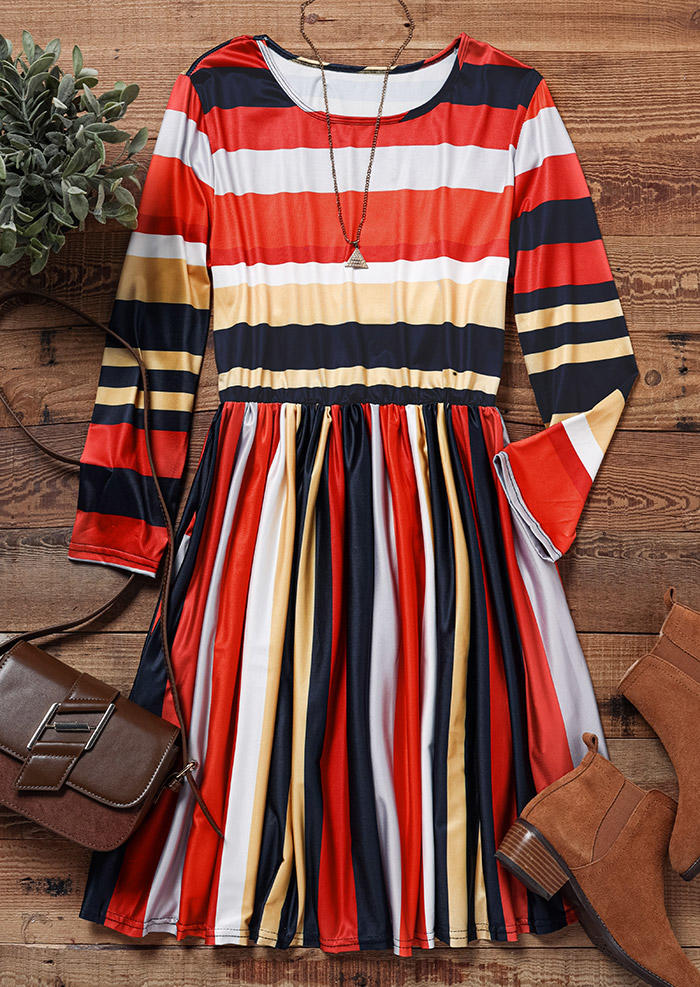 Mini Dresses Colorful Striped Ruffled Pocket Mini Dress in Multicolor. Size: L,M,S,XL