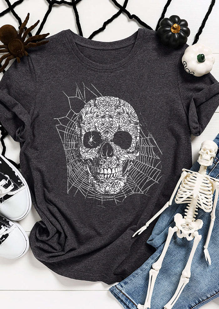 

T-shirts Tees Halloween Skull Spider Web T-Shirt Tee - Dark Grey in Gray. Size