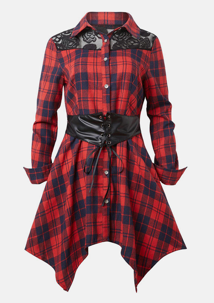 

Mini Dresses Plaid Lace Splicing Button Lace Up Mini Dress in Red. Size