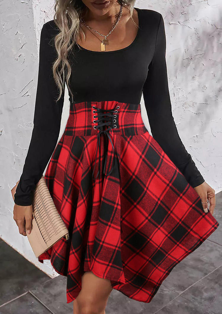 Plaid Lace Up Long Sleeve O-Neck Mini Dress