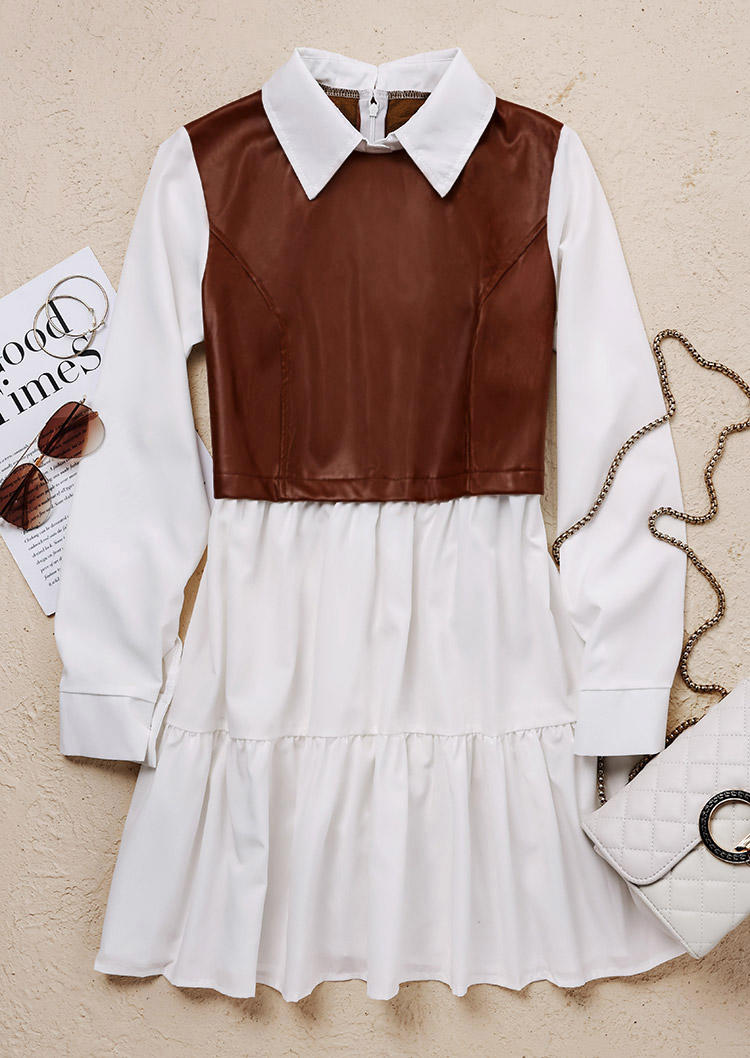 Mini Dresses Color Block Ruffled Zipper Turn-Down Collar Mini Dress in White. Size: L,M,S,XL