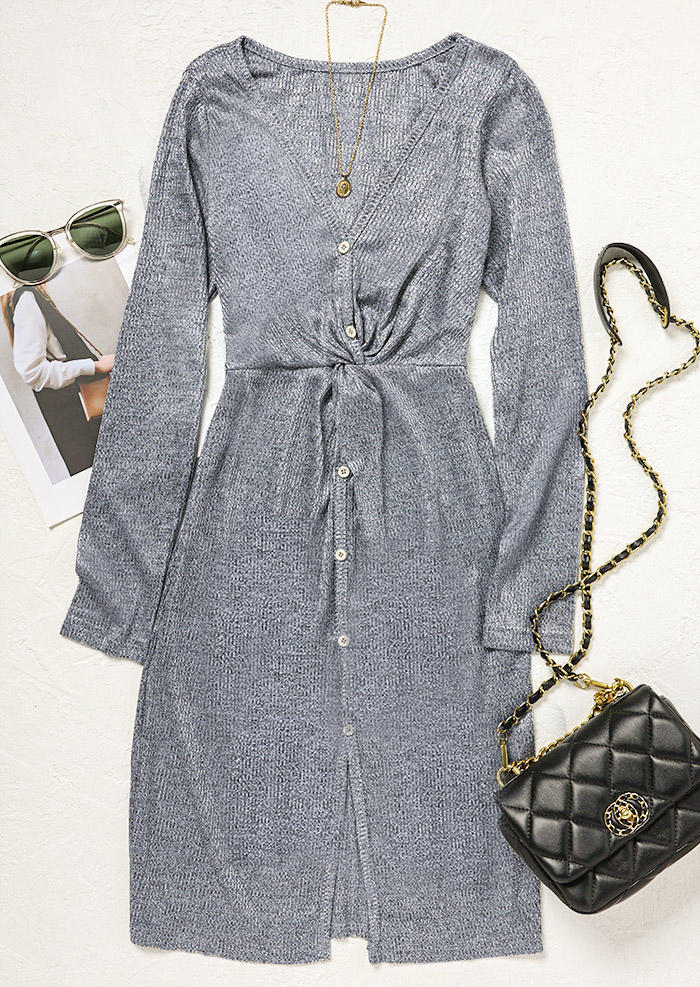 

Mini Dresses Vintage Button Slit Long Sleeve Mini Dress in Gray. Size