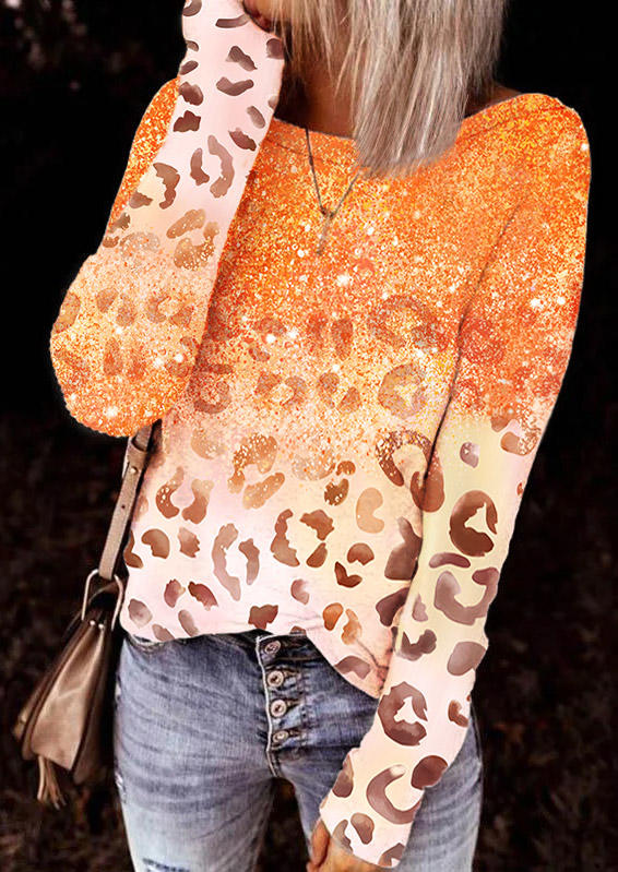 Leopard Gradient Glitter Hollow Out Blouse - Orange