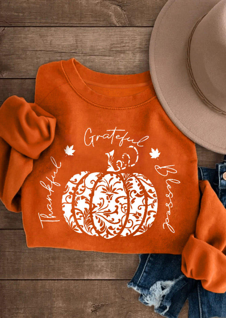 Sweatshirts Thanksgiving Thankful Grateful Blessed Pumpkin Sweatshirt in Orange. Size: L,M,S,XL