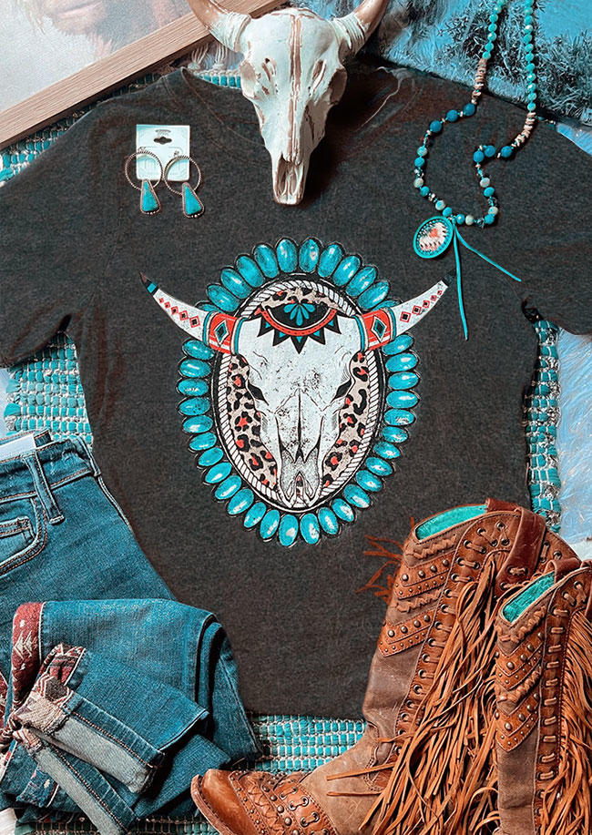 T-shirts Tees Turquoise Leopard Steer Skull T-Shirt Tee - Dark Grey in Gray. Size: L,S