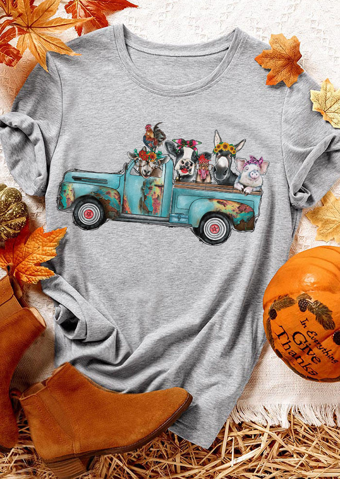 T-shirts Tees Farm Truck Animal Sunflower O-Neck T-Shirt Tee in Gray. Size: L,M,S,XL