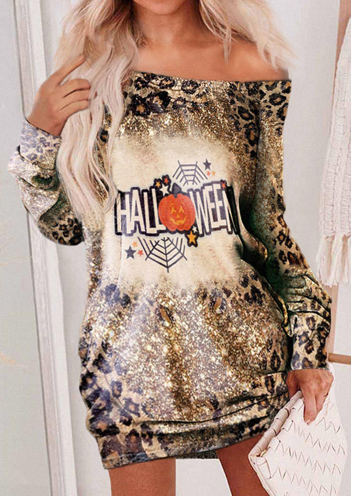 

Mini Dresses Halloween Glitter Pumpkin Face Leopard Mini Dress in Multicolor. Size: L,M,,XL