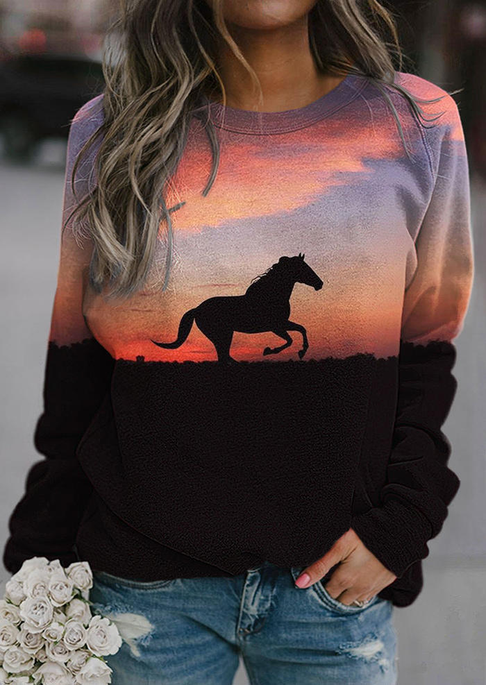 

Sweatshirts Sunset Horse O-Neck Casual Sweatshirt in Multicolor. Size: L,M,,XL