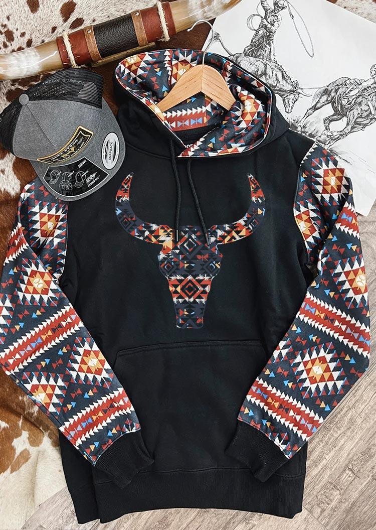 Hoodies Aztec Geometric Steer Skull Kangaroo Pocket Hoodie in Black. Size: XL