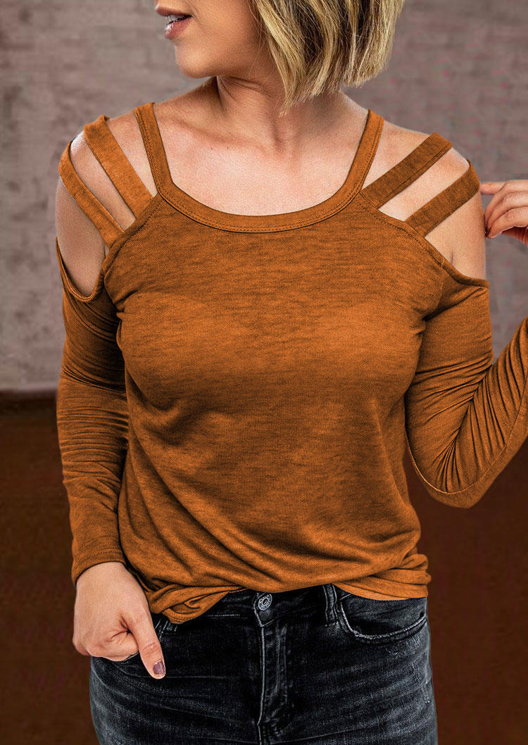 Hollow Out Long Sleeve O-Neck Blouse - Brown