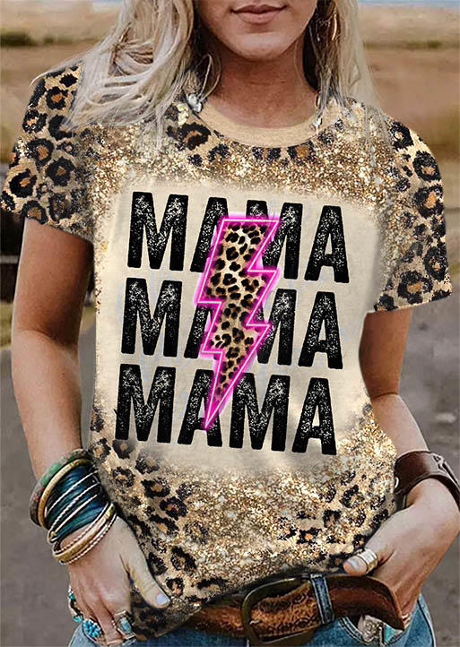 

T-shirts Tees Mama Leopard Glitter Bleached O-Neck T-Shirt Tee in Multicolor. Size