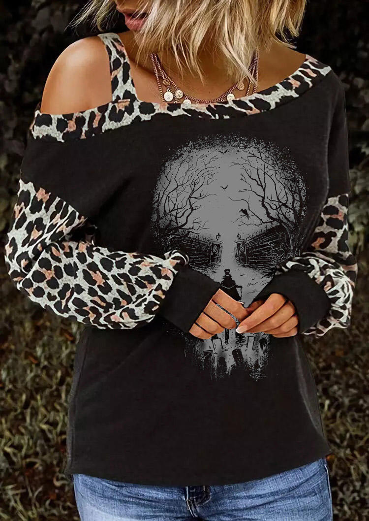 Blouses Halloween Leopard One Sided Cold Shoulder Blouse in Black. Size: M,XL