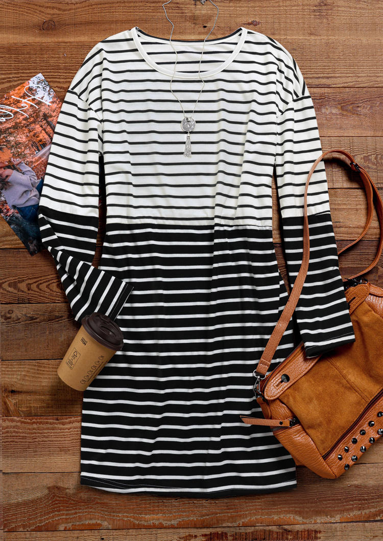 

Mini Dresses Striped Long Sleeve O-Neck Mini Dress in Multicolor. Size: ,XL