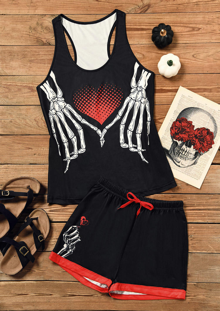 Sleepwear Halloween Skeleton Hand Heart Tank And Shorts Pajamas Set in Multicolor. Size: L,M,S,XL