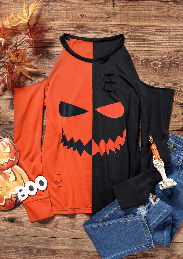 

Blouses Halloween Pumpkin Scary Color Block Cut Out Blouse in Multicolor. Size: L