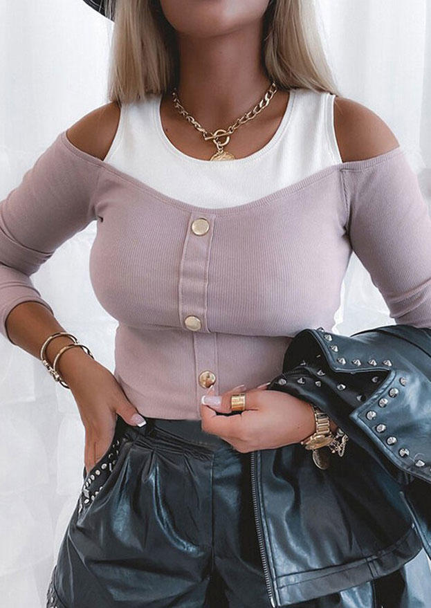 Blouses Button Long Sleeve O-Neck Fake Two-Piece Blouse - Light Purple in Purple. Size: L,M,XL