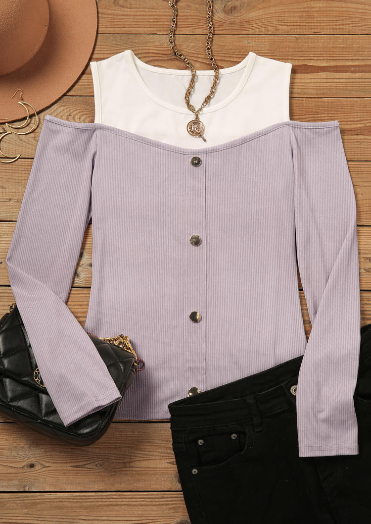 Button Long Sleeve O-Neck Fake Two-Piece Blouse - Light Purple