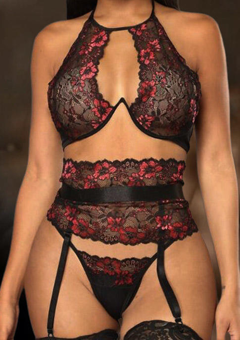 

Lingerie 3Pcs Lace Floral Halter See-Through Lingerie Set in Black. Size
