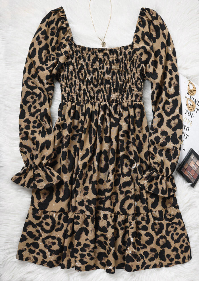 Mini Dresses Leopard Long Sleeve Smocked Mini Dress in Multicolor. Size: L,M,S