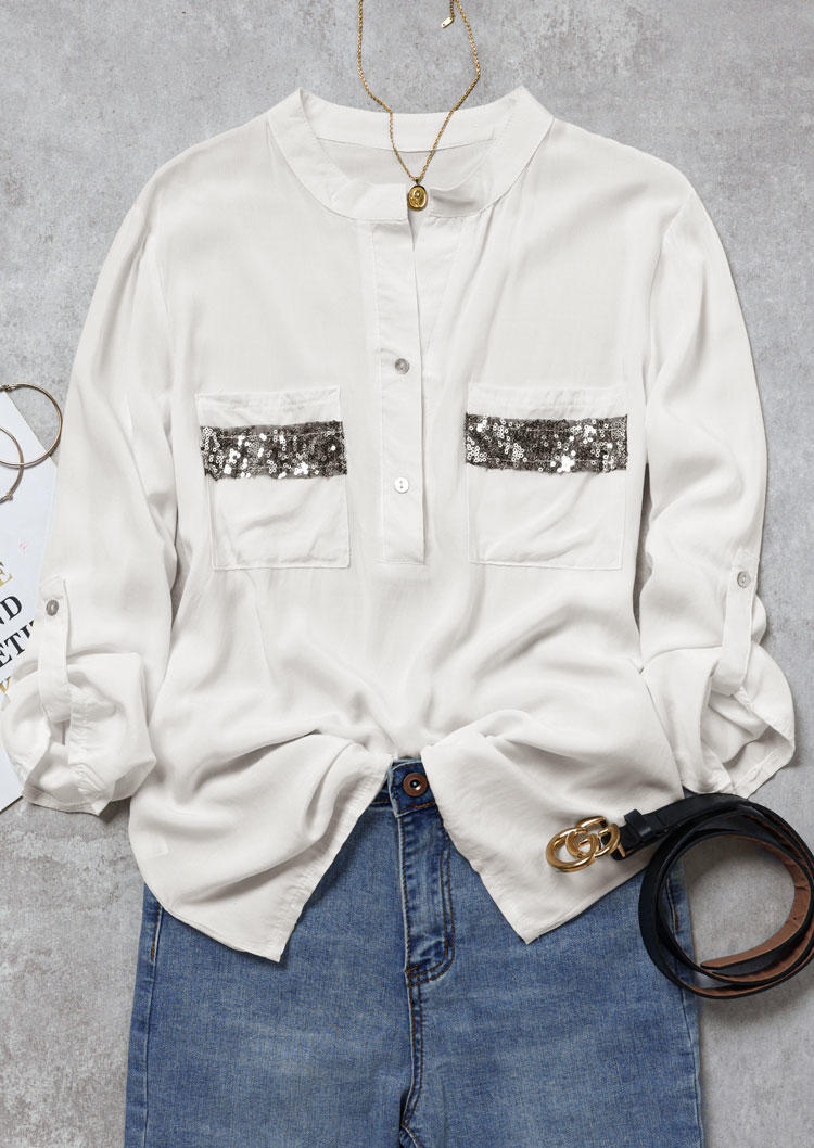 Shirts Sequined Pocket Button Long Sleeve Shirt in White. Size: L,XL