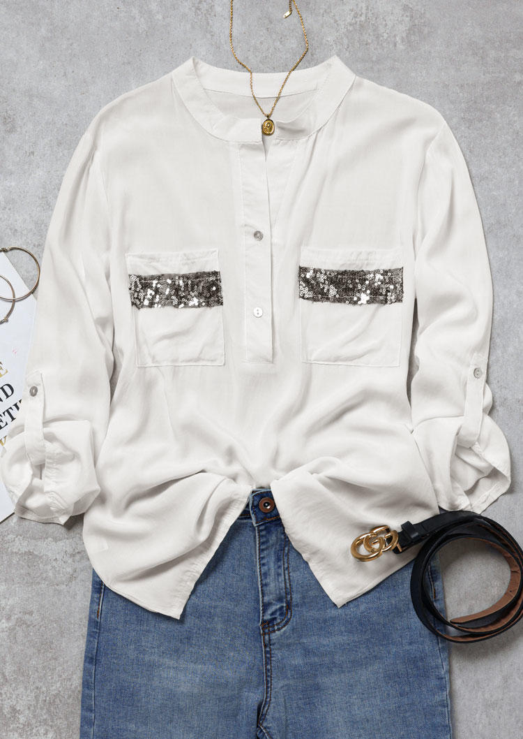 

Shirts Sequined Pocket Button Long Sleeve Shirt in White. Size