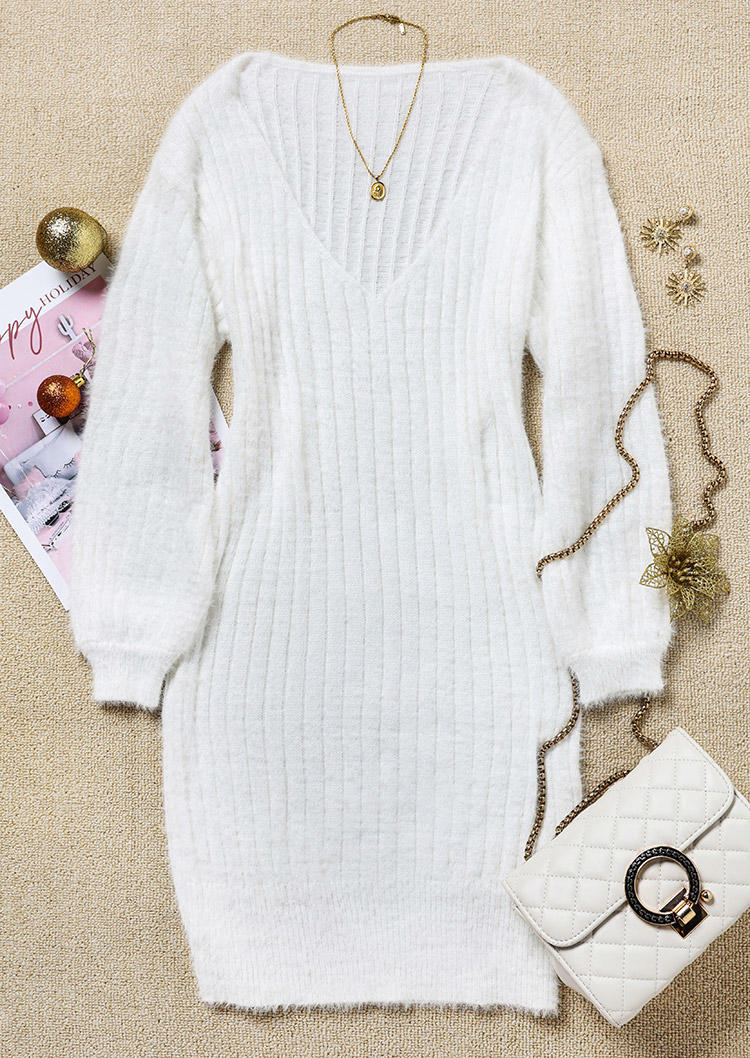 

Mini Dresses Long Sleeve V-Neck Casual Mini Dress in White. Size: L,,XL
