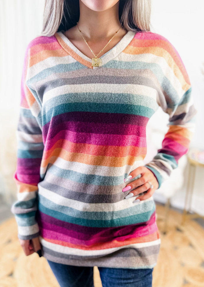 Colorful Striped Pocket V-Neck Blouse