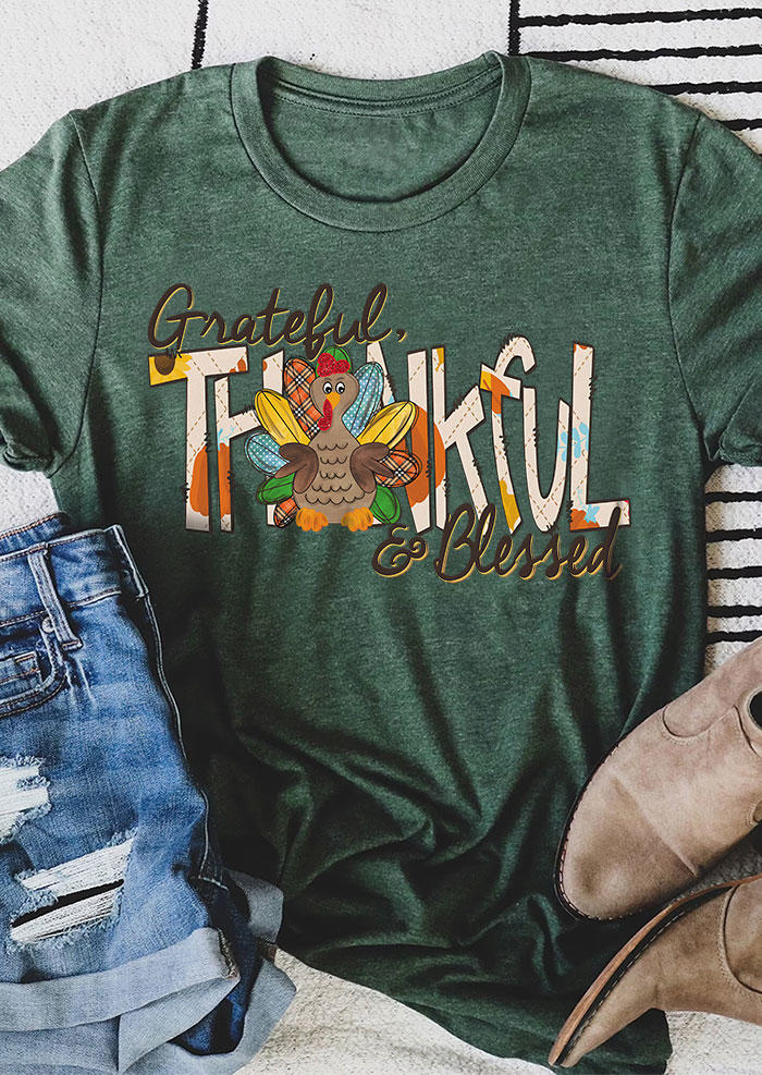 

T-shirts Tees Thanksgiving Grateful Thankful & Blessed Turkey T-Shirt Tee in Green. Size
