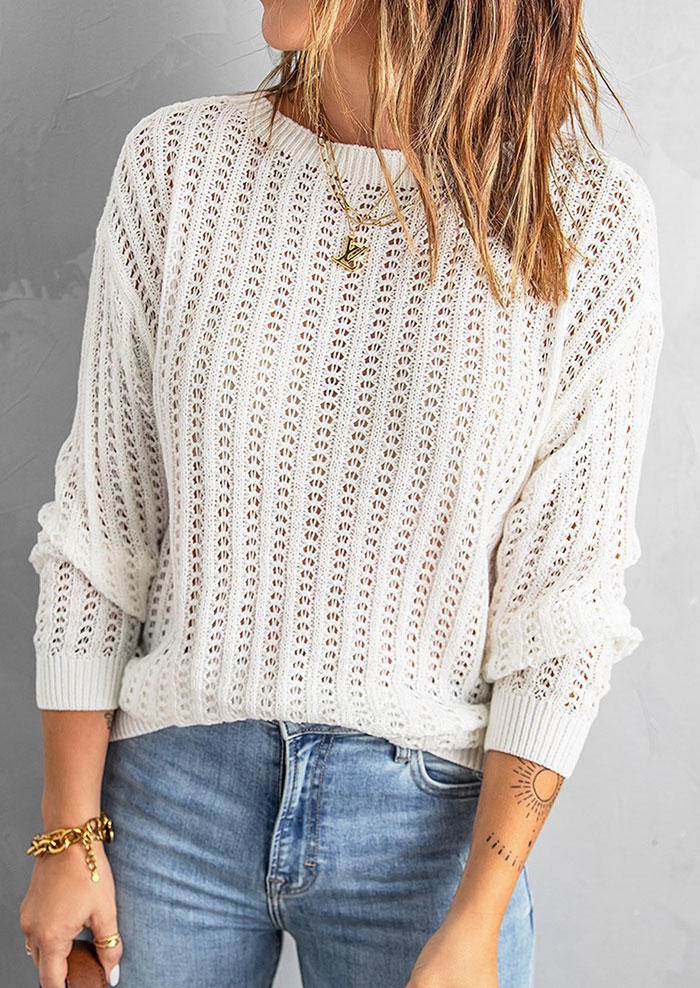 Sweaters Hollow Out Long Sleeve O-Neck Sweater in White. Size: S,XL