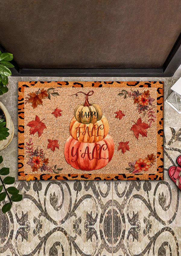 

Happy Fall Y'all Pumpkin Maple Leaf Leopard Non-Slip Carpet in Multicolor. Size