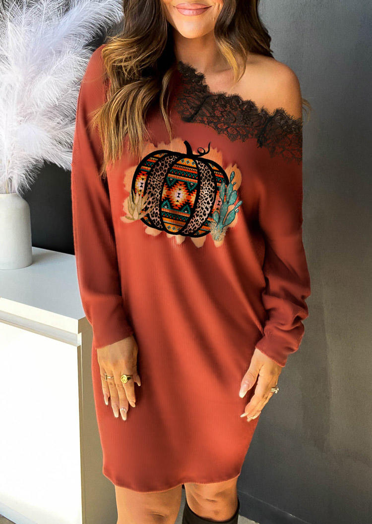 

Mini Dresses Pumpkin Aztec Geometric Leopard Lace Splicing Mini Dress in Orange. Size: L,M,,XL