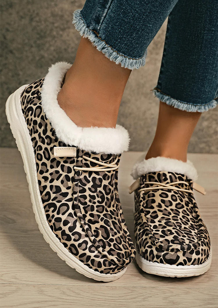 Sneakers Leopard Lace Up Round Toe Plush Flat Sneakers in Multicolor. Size: 37,38,39,40,41