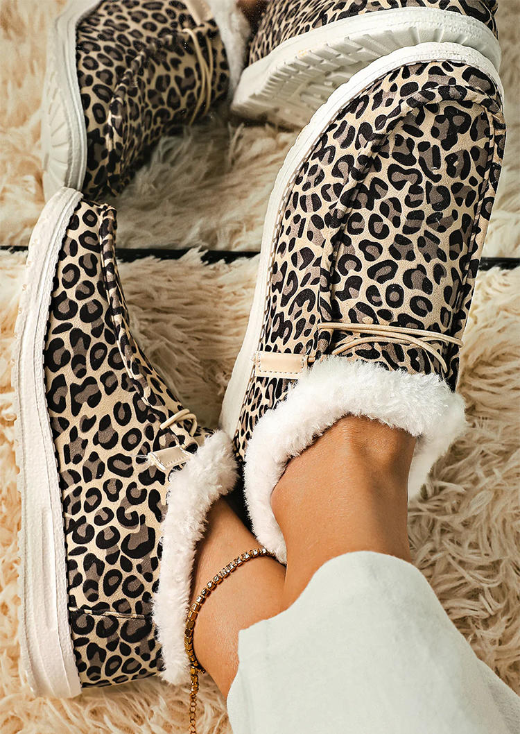 Leopard Lace Up Round Toe Plush Flat Sneakers