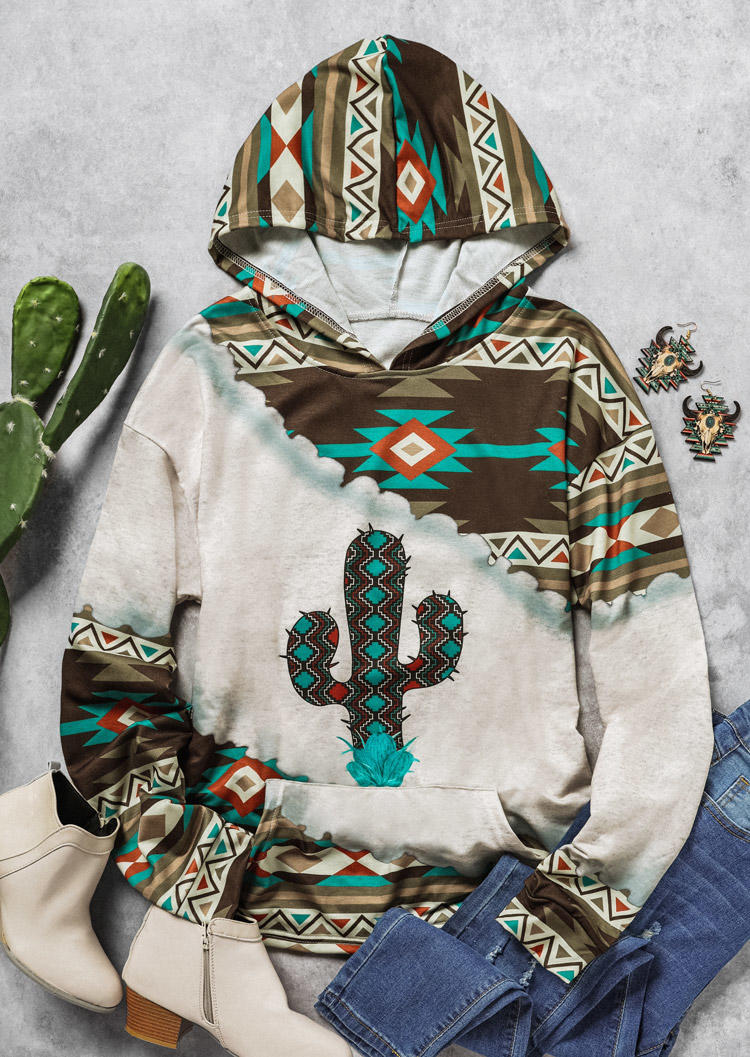 Hoodies Aztec Geometric Cactus Kangaroo Pocket Hoodie in Multicolor. Size: L,S,XL