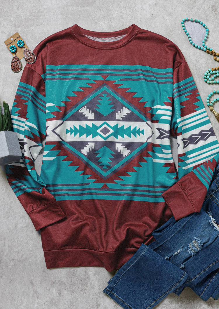 

Sweatshirts Aztec Geometric Striped Pullover Sweatshirt in Multicolor. Size